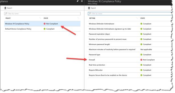Compliance settings Firewall non compliance