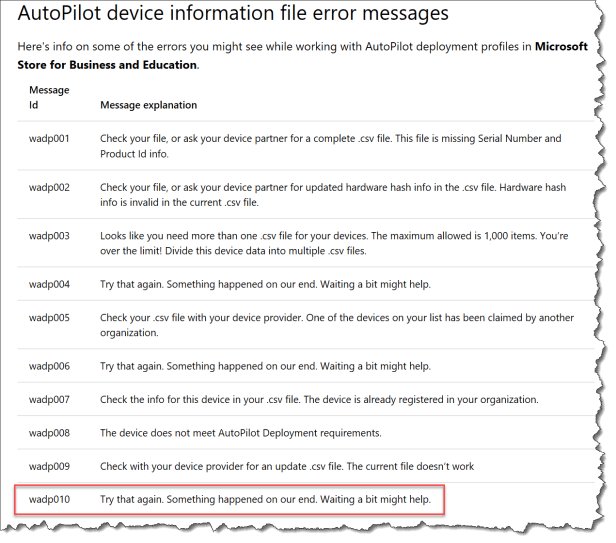 Windows AutoPilot - failed to upload - 04