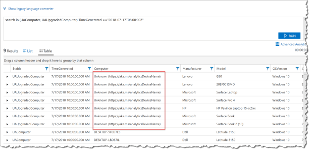 Windows Analytics - Device names - 01