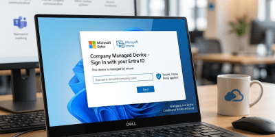 Dell laptop showing Microsoft Entra and Intune sign-in screen for company-managed device