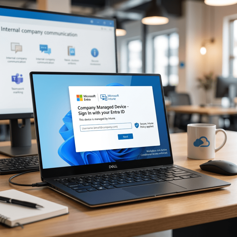 Dell laptop showing Microsoft Entra and Intune sign-in screen for company-managed device
